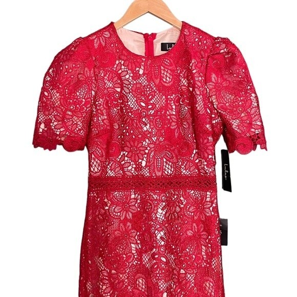NWT Lulus Red Crochet Lace Amore Fitted Midi Dress Size XS Wedding Guest NEW - Picture 5 of 14